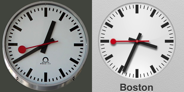 Bild: Schweizer Bahnhofsuhr und Uhren-App auf dem iPad im Vergleich