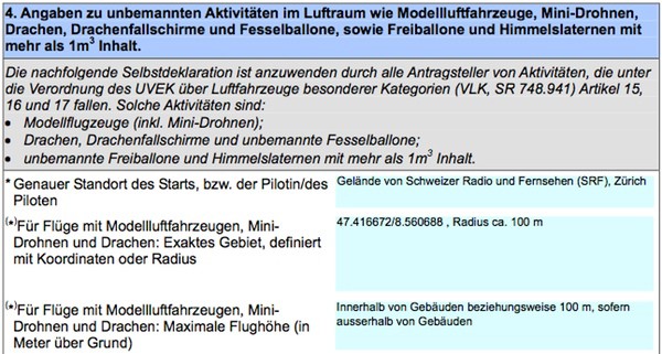 Bild: Auszug aus Antrag «Koordination von Spezialflügen und speziellen Aktivitäten» im Luftraum» an Skyguide