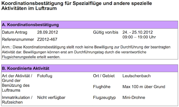 Bild: Auszug aus Koordinationsbestätigung von Skyguide