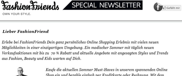 Screenshot: Ausschnitt aus FashionFriends-Newsletter