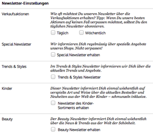 Screenshot: Newsletter-Einstellungen auf der FasionFriends-Website