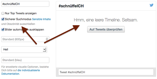 Screenshot: So genannt sichere Suche ohne Tweets mit Hashtag #schnüffelCH