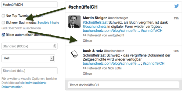 Screenshot: Tweets mit Hashtag #schnüffelCH mit deaktivierter so genannt sicherer Suche